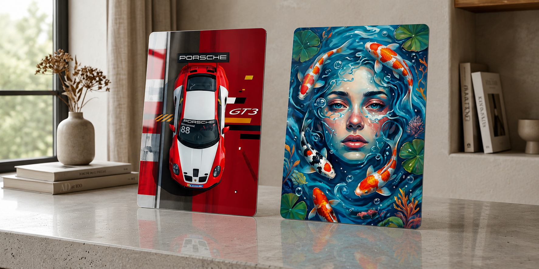 Sublimated canvases on light desk